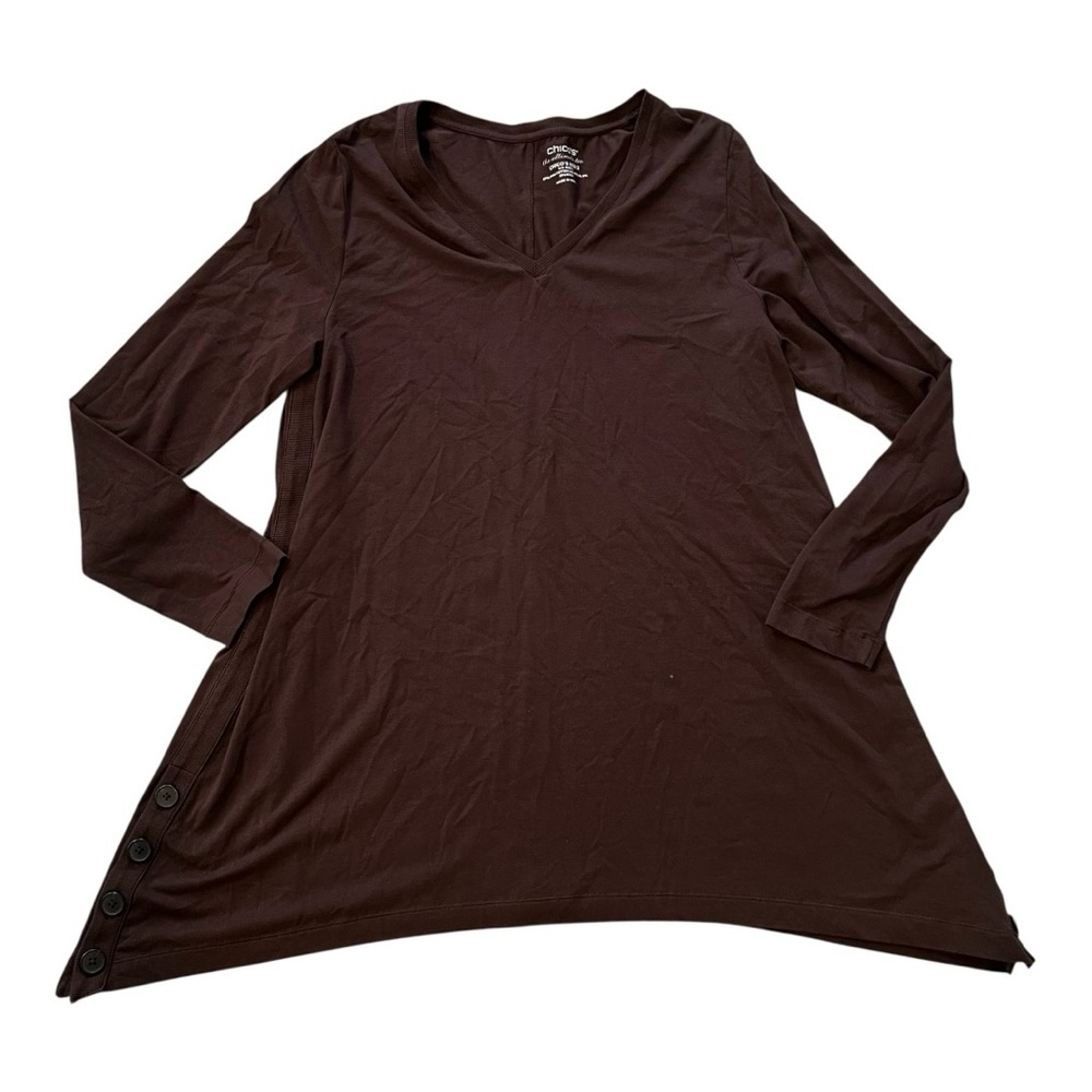 Chico's Brown V-Neck Long Sleeve Tunic with Side Button Detail- L